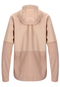 Beżowa lekka kurtka z kapturem, długimi rękawami i subtelnymi przeszyciami na plecach i łokciach, widoczna od tyłu.