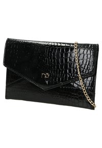 Mustat keinonahkainen clutch, jossa on krokotiilimuotoilu, kultaketjuhihna ja kirjekuorimainen läppä.