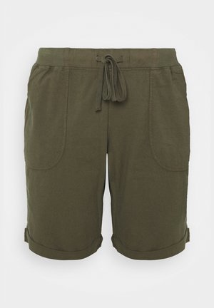 Pantalones cortos casuales de color verde oliva con cintura ajustable con cordón, dos bolsillos delanteros y puños doblados, diseñados para la comodidad y el uso casual.