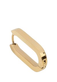 Gold, rectangular metal clasp with rounded edges and a hinge in the center. Smooth surface with a shiny finish.