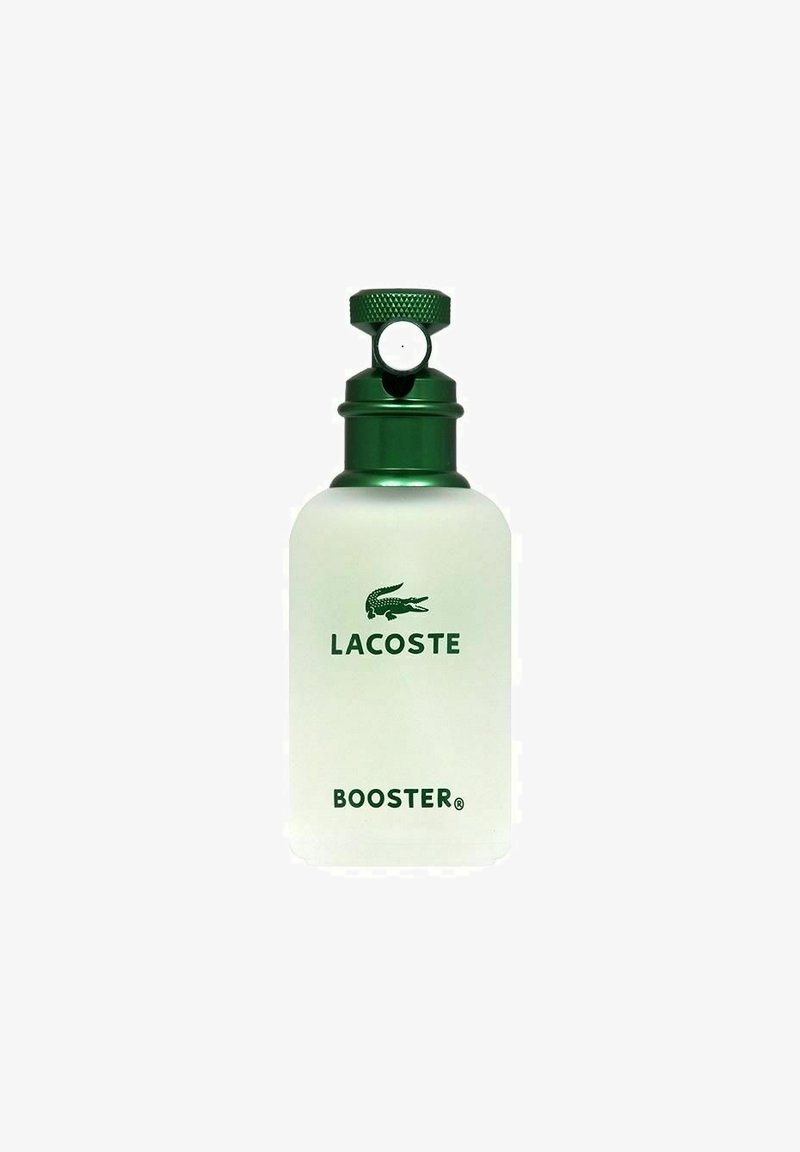 Lacoste Booster doftpresentation, rektangulär frostad glasflaska med en grön metallkapsyl och accent, med en krokodil-logotyp och svart text.