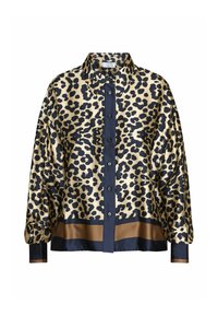 Knappet satinbluse med beige og sort leopardprint, marineblå knapstribe og brun samt marineblå kantbånd. Lange ærmer med manchetter.