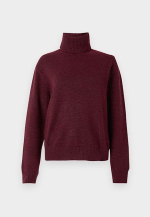 Burgundy turtleneck sweater made of soft knit fabric, featuring a ribbed neck and hem, with long sleeves and a relaxed fit.
