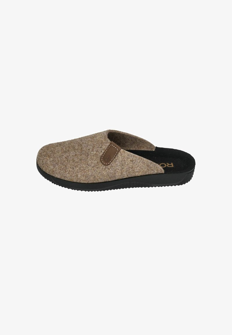 Brown felt slip-on slipper with black sole and small leather patch detail on side, open back for easy wear.