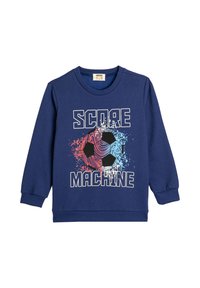 Sudadera azul marino con un gráfico de un balón de fútbol, texto "SCORE MACHINE", puños acanalados y cuello redondo. Tejido suave y texturizado.