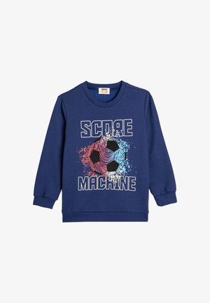 Marineblå sweatshirt med grafik af en fodbold, tekst "SCORE MACHINE", ribbede manchetter og rund halsudskæring. Blødt, tekstureret stof.