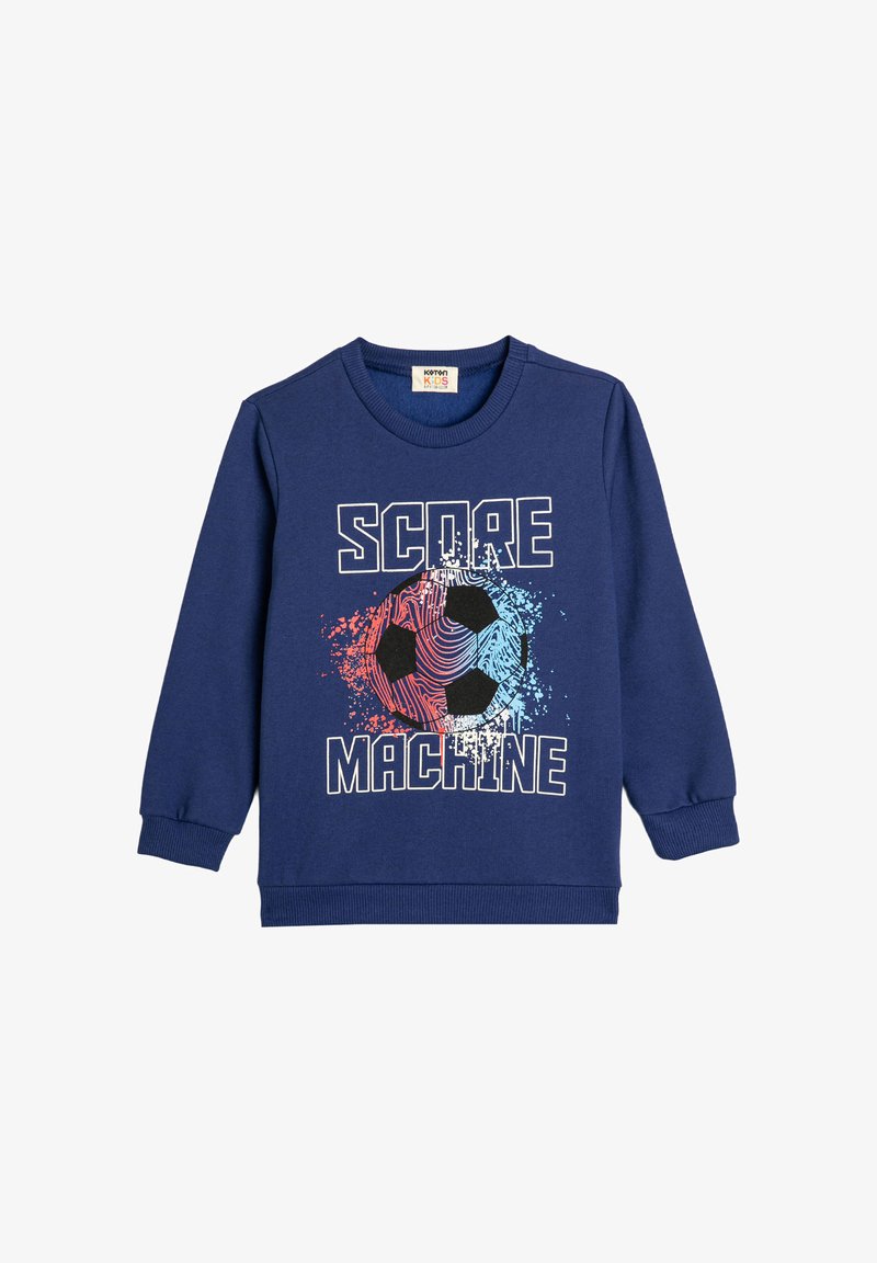 Navyblaues Sweatshirt mit einem Grafikmotiv eines Fußballs, dem Text "SCORE MACHINE", gerippten Bündchen und Rundhalsausschnitt. Weicher, strukturierten Stoff.