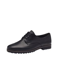 Chaussure en cuir noir avec un bout arrondi, texture lisse et design à lacets. Dispose d'une semelle robuste avec des encoches pour une bonne adhérence.