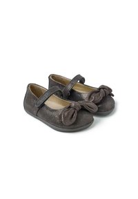Scarpe Mary Jane in metallo scuro con un design a fiocco sulla parte anteriore, una cinghia sicura, punta arrotondata e superficie liscia al tatto.