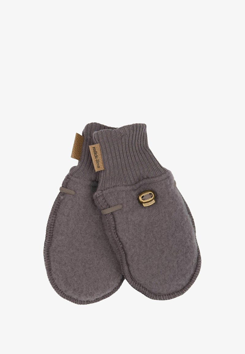 Mănuși din jerseu gri cu mansetă tricotată în valuri. Prezintă un accent din metal de culoare bronz și o buclă pentru atașare. Textură moale și formă rotundă.