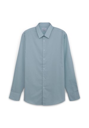 Helles blaues Langarmhemd mit einem durchgehenden Knopfverschluss, spitzem Kragen und glatter Textur. Verfügt über sechs Knöpfe in der Mitte.