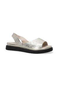 Metallisch silberne Sandale mit offenem Zeh und Slingback-Design. Verfügt über ein strukturiertes Obermaterial und eine schwarze Gummisohle für Halt.