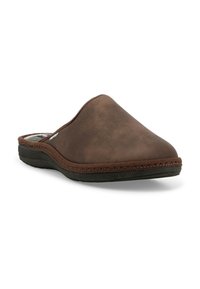Scarpe slip-on marroni con tomaia sintetica liscia, punta rotonda, suola in gomma flessibile e cuciture decorative attorno al bordo.