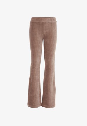 Bruine corduroy flared broek met verticale ribbels, voorzien van een brede elastische tailleband en een gladde textuur, ontworpen voor een comfortabele pasvorm.
