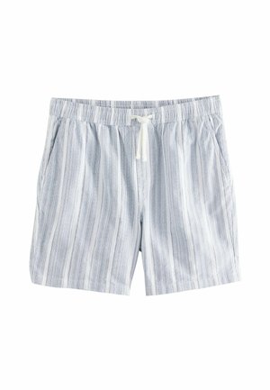 Gestreepte heren shorts van lichtgewicht stof, met lichtblauwe en witte kleuren, een elastische tailleband en zijzakken.