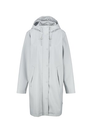 Imperméable gris clair en matériau imperméable, doté d'une capuche, de boutons-pression et de deux poches latérales, avec une coupe décontractée et des manches longues.