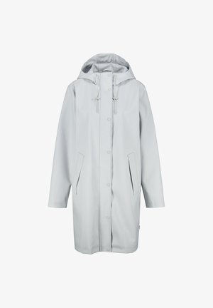 Lichtgrijze regenjas van waterdicht materiaal, met een capuchon, drukknoopsluitingen en twee zijzakken, met een relaxed fit en lange mouwen.