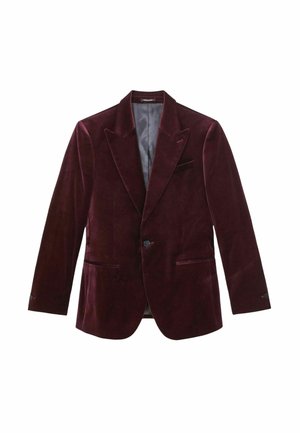 Sacou din catifea de culoare burgundă închisă, cu închidere cu un singur nasture, rever ascuțit, două buzunare frontale și căptușeală din satin. Material texturat cu un finisaj neted.