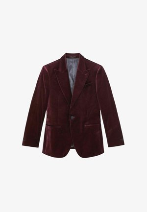 Vellust blazer i dyb burgunder med enkelt knappelukning, skarpe revers, to frontlommer og satinforing. Struktureret stof med glat finish.