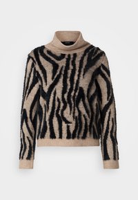 Beige tröja med svarta, fluffiga zebraränder, hög hals-design, ribbad nederkant och ärmslut, mjuk textur. Lämplig för lager-på-lager.