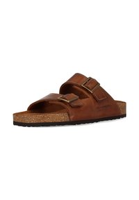 Braune Ledersandalen mit zwei verstellbaren Schnallen, Korkfußbett, strukturierter Gummisohle und flachem Design, das sich für Freizeitkleidung eignet.