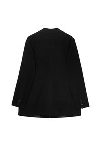 Black blazer with a tailored fit, single-breasted design, notched lapels, and four-button accents on each cuff. Smooth wool texture.