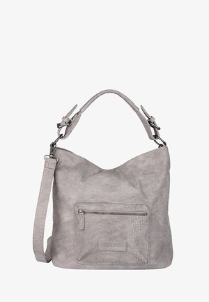 Sac à main en cuir gris texturé avec une poignée supérieure, une bandoulière amovible et une poche avant zippée.