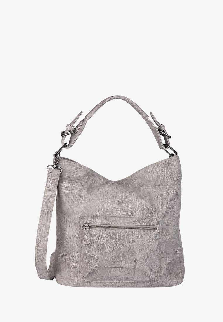 Sac à main en cuir gris texturé avec une poignée supérieure, une bandoulière amovible et une poche avant zippée.