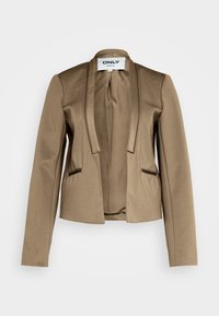 Brown tailored jacket made of smooth fabric, with a shawl collar, two front pockets, and an open front design. Labeled with "ONLY" tag.