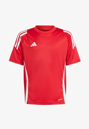 Rode sportieve T-shirt met korte mouwen en een ronde hals, voorzien van witte strepen op de schouders en zijpanelen, gemaakt van ademende stof.