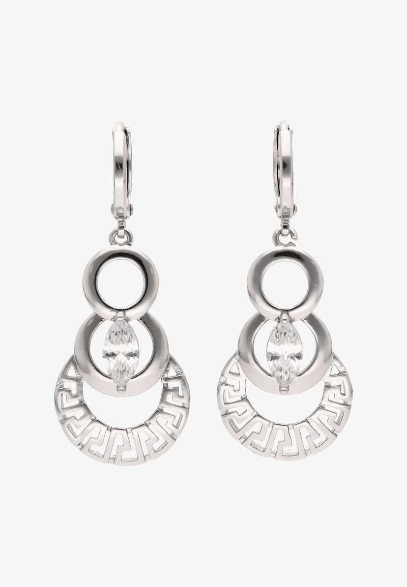 Cercei tip picătură din argint cu modele circulare intercalate, având pietre prețioase marcise transparente și modele geometrice gravate pe inelele inferioare.