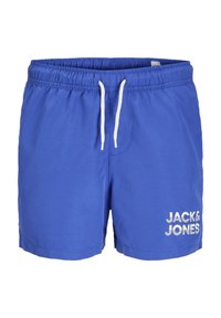Bañador azul hecho de tejido ligero, con cintura elástica ajustable y el logotipo blanco "JACK & JONES" en el lateral.
