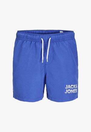 Bañador azul hecho de tejido ligero, con cintura elástica ajustable y el logotipo blanco "JACK & JONES" en el lateral.
