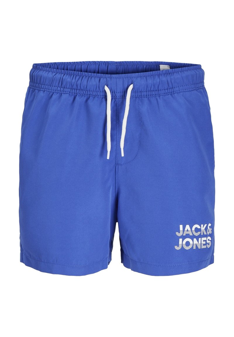 Bañador azul hecho de tejido ligero, con cintura elástica ajustable y el logotipo blanco "JACK & JONES" en el lateral.