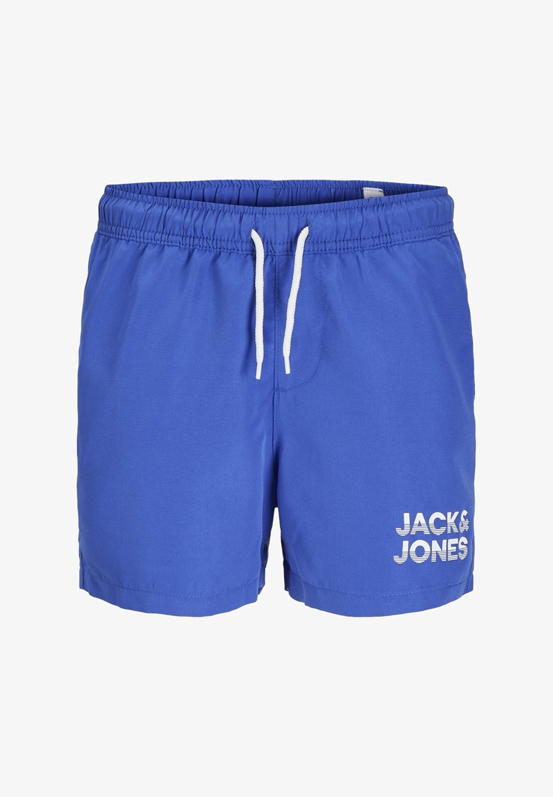 Bañador azul hecho de tejido ligero, con cintura elástica ajustable y el logotipo blanco "JACK & JONES" en el lateral.