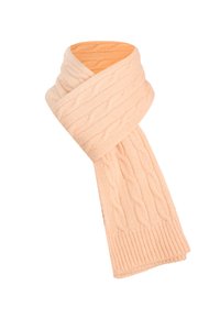 Bufanda de punto trenzado en color durazno, con un patrón texturizado y bordes acanalados, fabricada con tela suave para brindar calidez y comodidad.