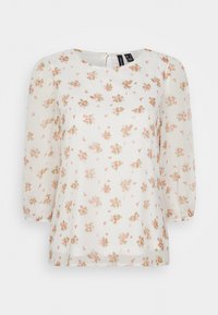 Blusa floreale con scollatura rotonda, tessuto trasparente, maniche a sbuffo e chiusura frontale. Presenta piccoli motivi di fiori rosa e verdi.