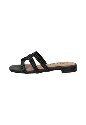 Infradito neri con tre strap incrociati con finitura testurizzata e suola piatta. L'interno presenta una soletta marrone chiaro con il marchio.