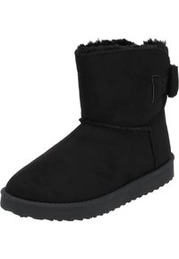 Botte d'hiver noire mi-mollet avec doublure en fausse fourrure, semelle plate texturée et détail de sangle sur le côté pour un maintien confortable.