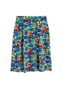 Flared skirt featuring a floral pattern in blue, green, orange, and white, made from a lightweight fabric with a smooth texture.