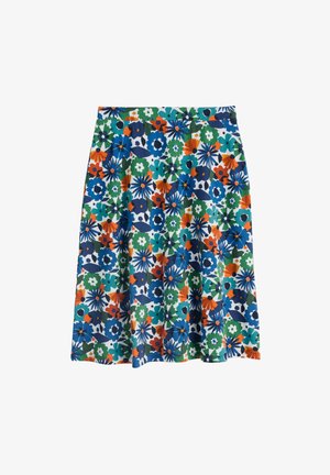 Flared skirt featuring a floral pattern in blue, green, orange, and white, made from a lightweight fabric with a smooth texture.