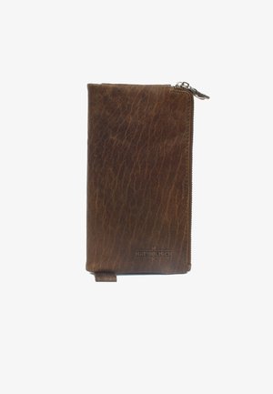 Braunem Leder-Wallet mit strukturiertem Finish, Reißverschluss und eingeprägtem Logo. Verfügt über eine rechteckige Form und minimalistisches Design.