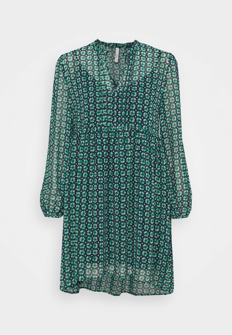 Robe à manches longues à motif floral vert et bleu marine avec col en V et taille froncée, suspendue sur un fond blanc.