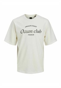 Kreminės spalvos trumpomis rankovėmis marškinėliai su apvalia iškirpte, ant kurių juodu šriftu užrašyta "AMALFI COAST" ir "Ocean club". Minkšta medvilnė.