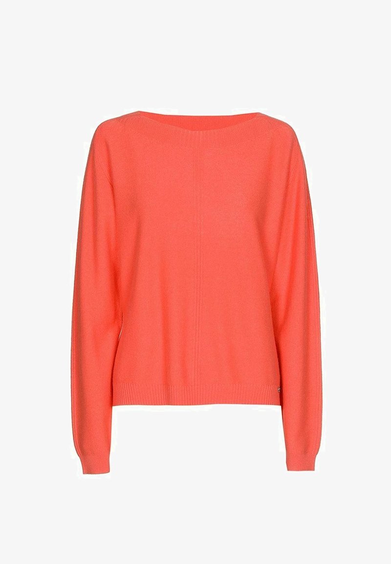 Koraalkleurige trui met lange mouwen, voorzien van een geribbelde halslijn, manchetten en zoom, met een subtiele verticale naad in het midden van de voorkant.