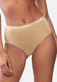 Vaaleanbeige korkeavyötäröiset alushousut, joissa on sileä pinta ja pitsireuna vyötäröllä. Klassinen leikkaus ja joustava kangas takaavat mukavuuden.
