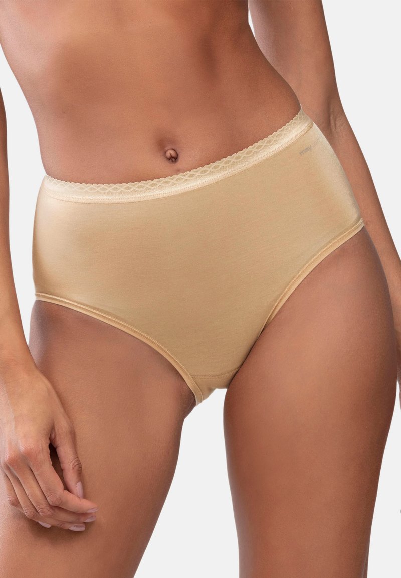 Vaaleanbeige korkeavyötäröiset alushousut, joissa on sileä pinta ja pitsireuna vyötäröllä. Klassinen leikkaus ja joustava kangas takaavat mukavuuden.