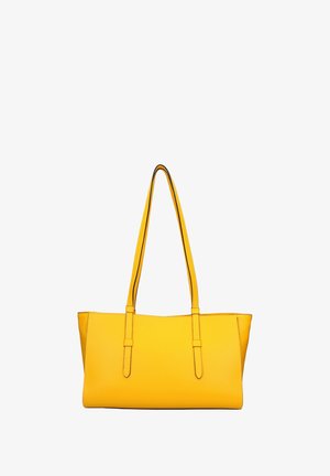 Gele leren tote bag met twee lange handgrepen, een gladde textuur en een gestructureerde vorm. Geen zichtbare patronen of hardware accenten.