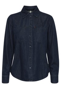 Cămașă din denim albastru închis cu guler ascuțit, închidere cu nasturi, două buzunare pe piept și mâneci lungi cu mansete cu nasturi.
