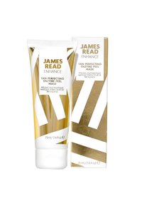 Tan Perfecting Enzyme Peel Mask in a white tube with gold accents, features striped design; 75ml/2.6 fl oz. Includes box with matching design.
